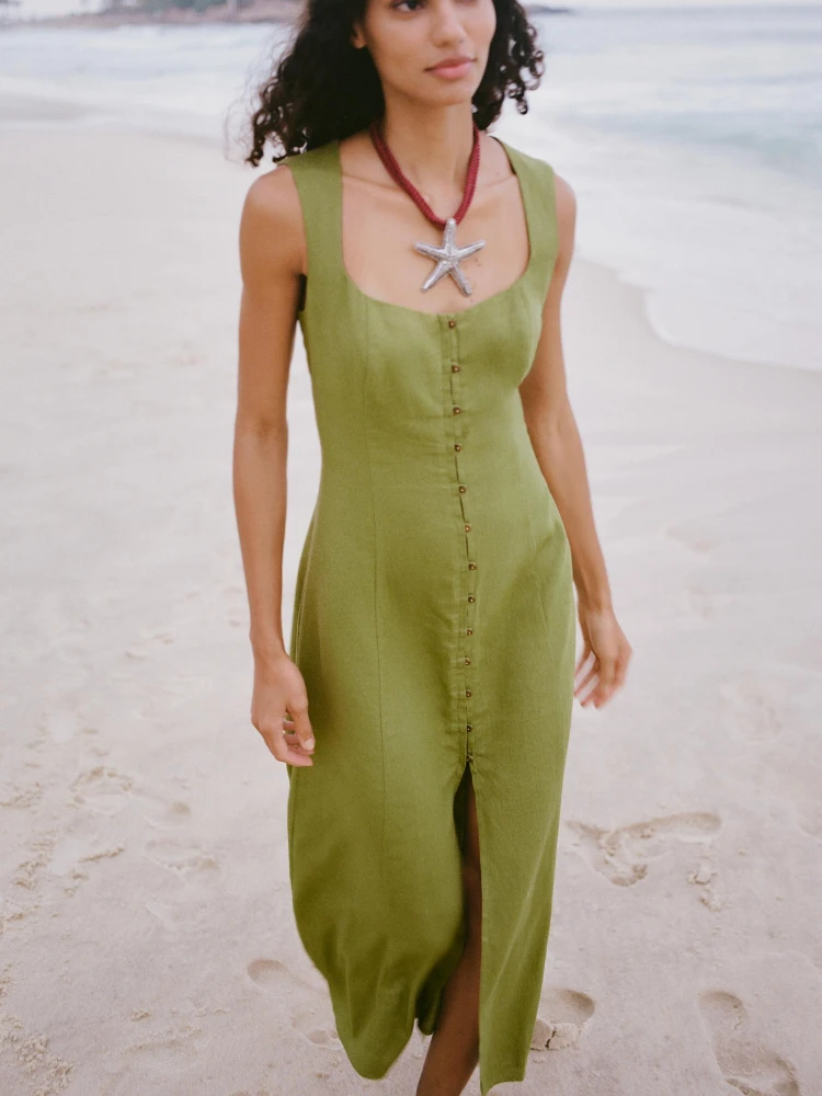 Robe mi-longue en lin, sans manches, col carré, élégante, minimaliste, robe de plage d'été