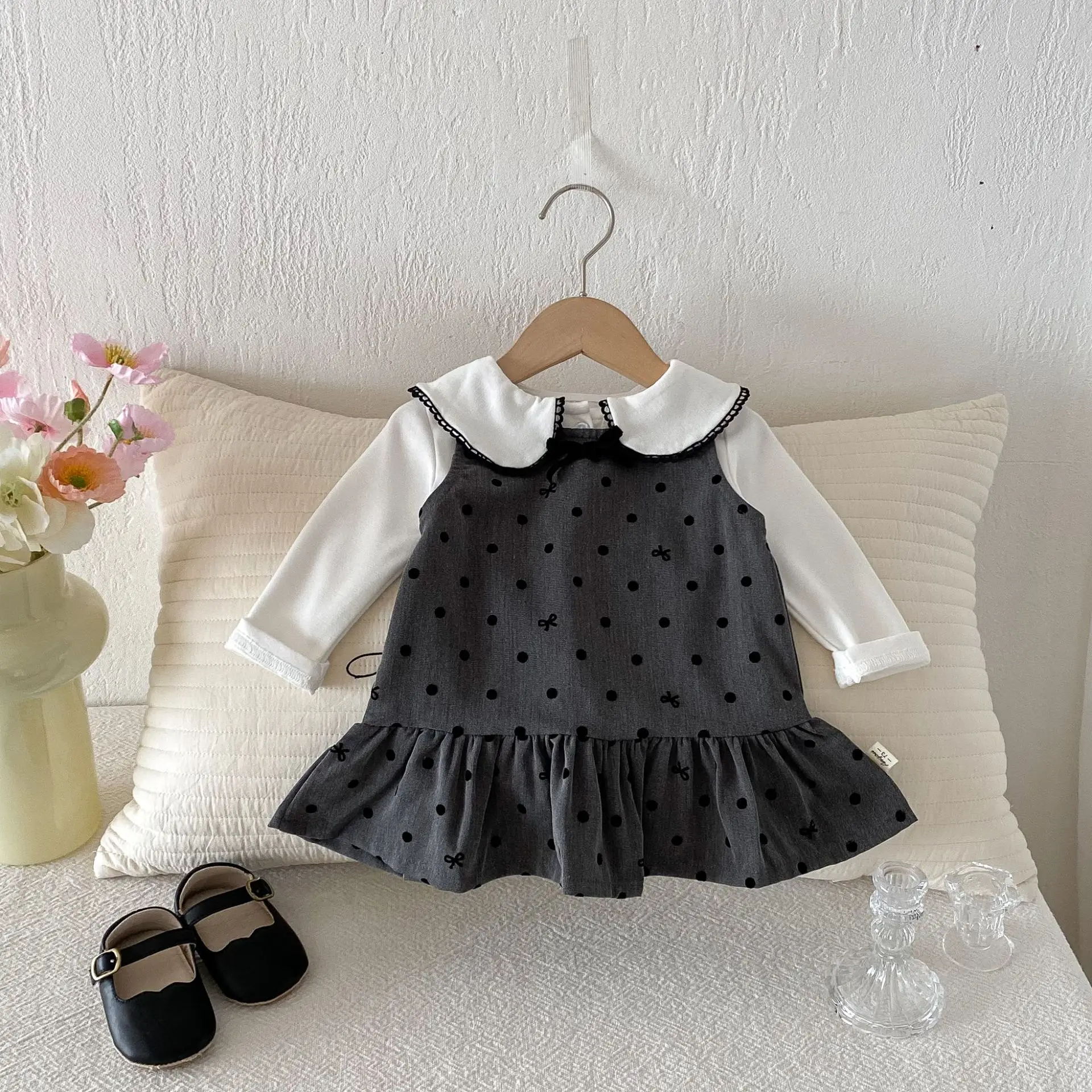 Conjunto de vestido para niña pequeña, Tops de manga larga con cuello Peter Pan y chaleco, traje de 2 uds., trajes para niños pequeños, otoño 2025