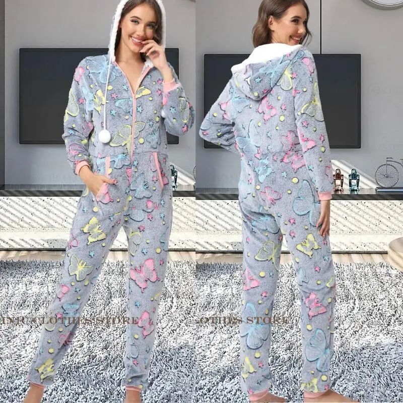 Hooded Long Sleeve Pijama Kigurumi Onepieces Sleepwear Thicken Cartoon Flannel Femael Jumpsuit Pajama Homewear Loose Lounge Wear