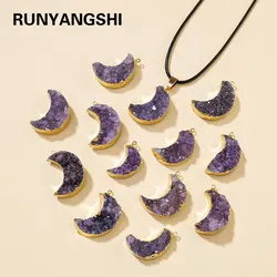 Colgante de piedras preciosas curativas naturales para mujer, amatista en racimo, collar en forma de luna, encanto de cuarzo, regalo de joyería, 1pc
