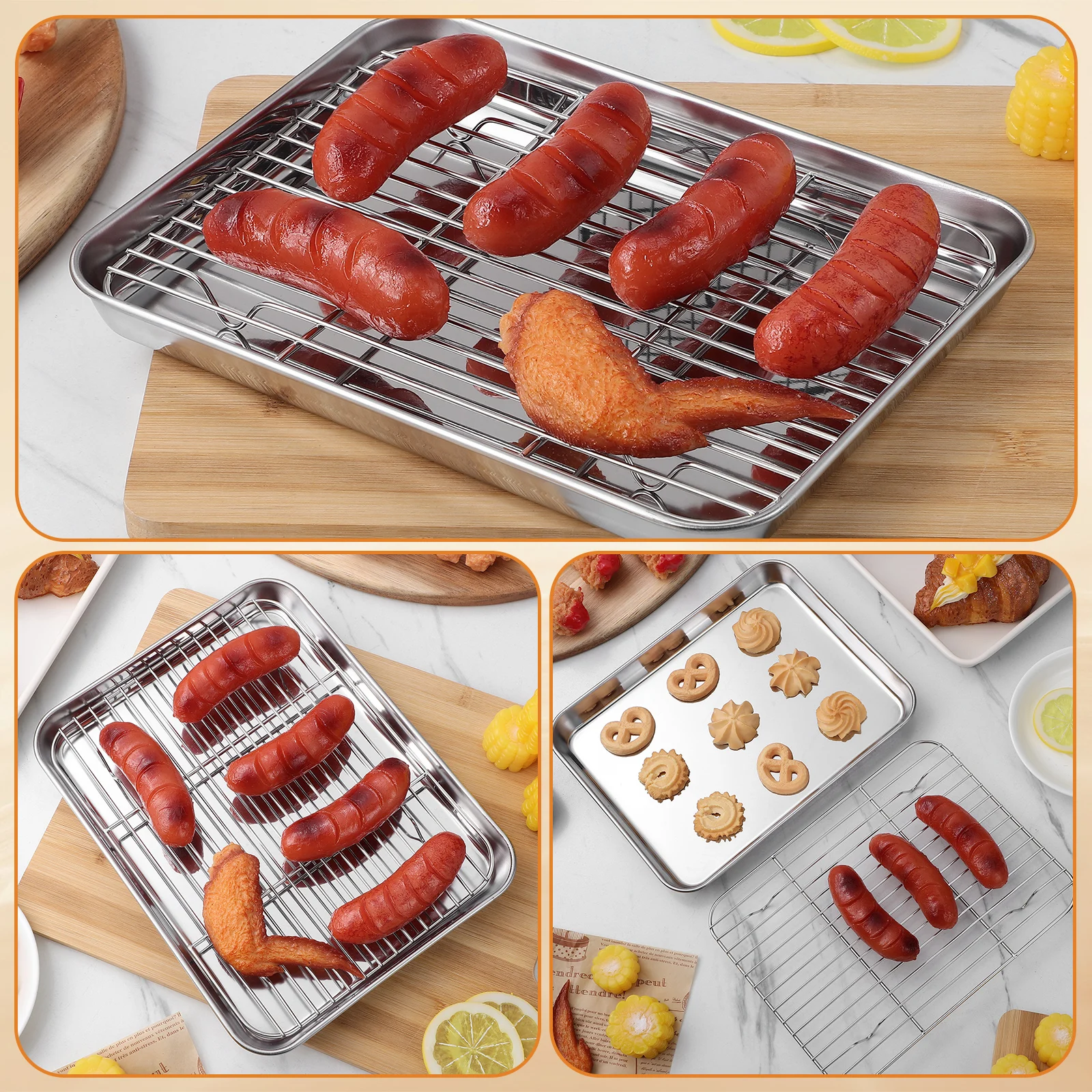 

Stainless Steel Baking Sheet With Rack Dishwasher Safe Mirror Finish Cooling Cookie Pan Cupcake Tray Oven Rack Set Home Use