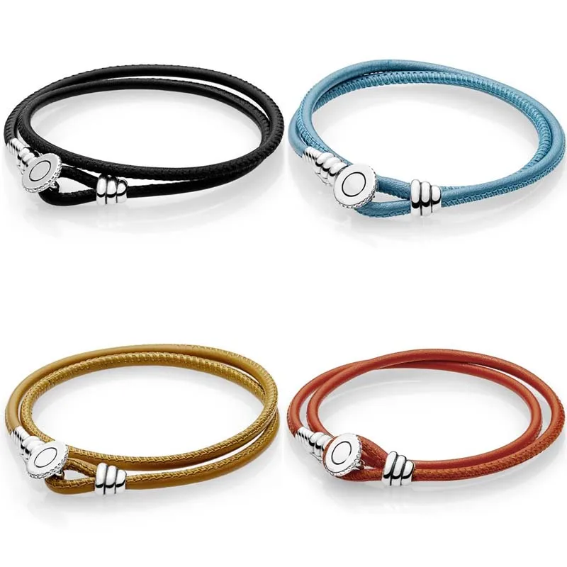

Original Multicolor Double Leather With Button Clasp Bracelet Bangle Fit 925 Sterling Silver Bead Charm Diy Europe Jewelry