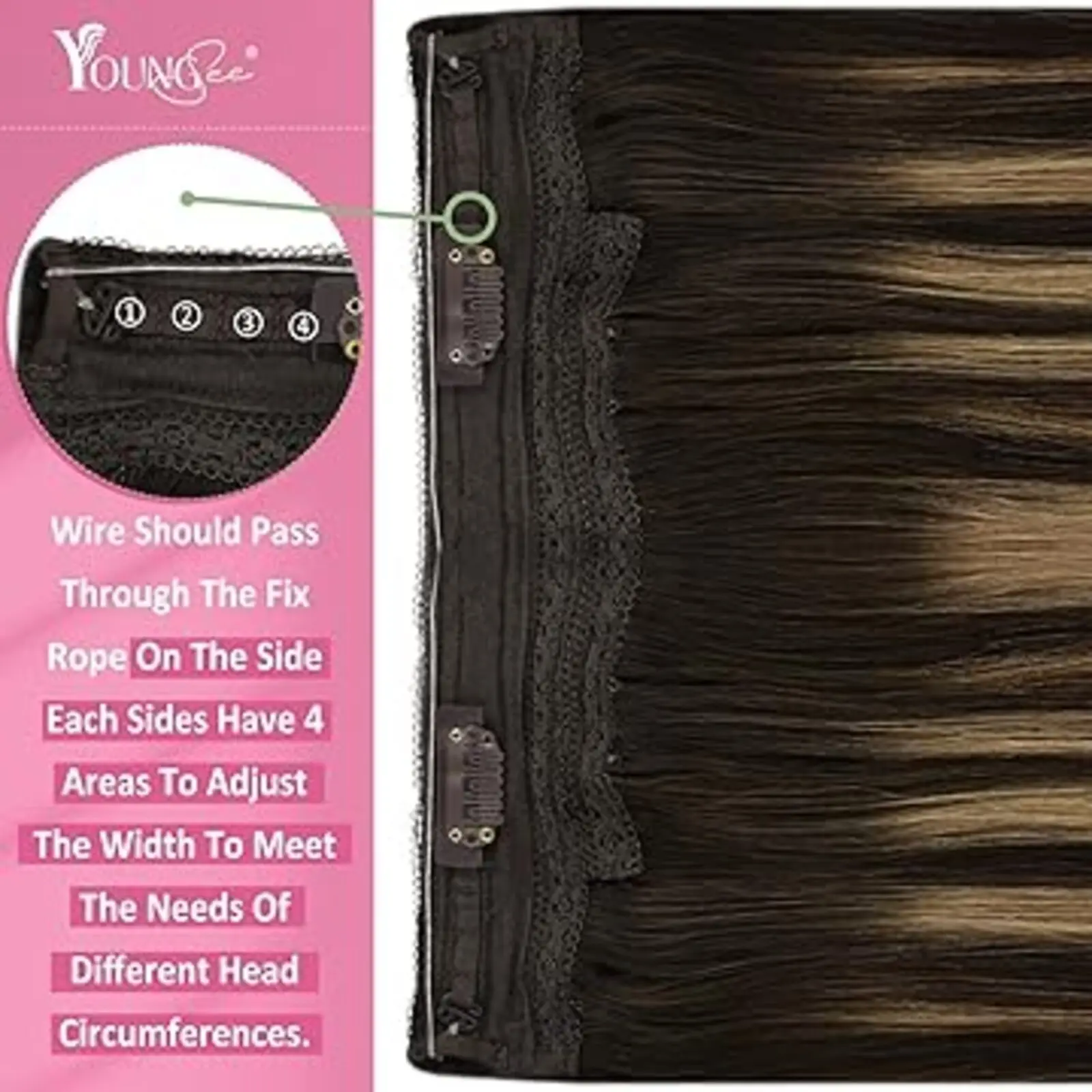 Extensiones de cabello de alambre YoungSee, pieza de cabello humano Real, cabello Natural liso y sedoso, Color marrón, 12-20 pulgadas