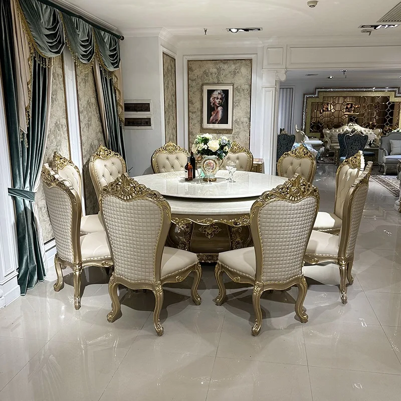 

French marble dining table and chair combination with electric turntable large table