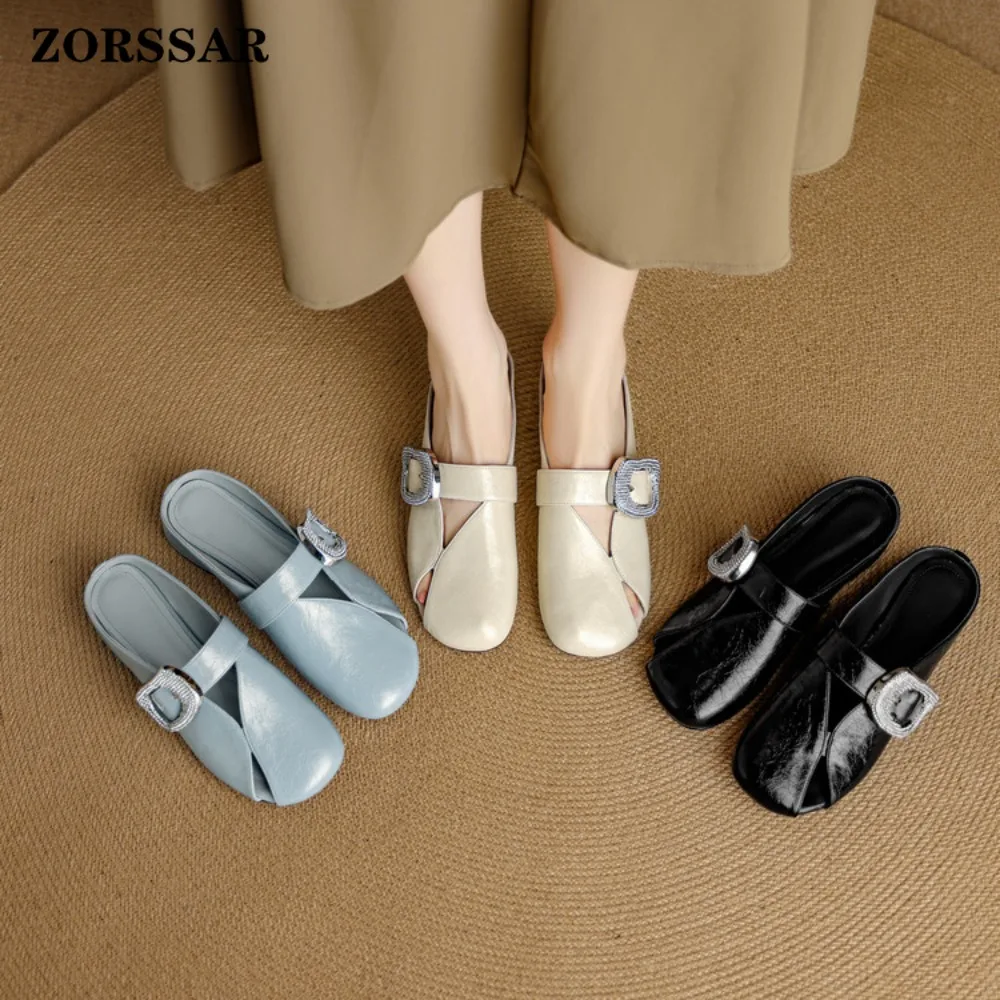 

Women's Leather Flat Mules Slippers, Open Toe Backless Slides with Rhinestone Buckle,Comfortable Slip-on Casual Shoes for Ladies