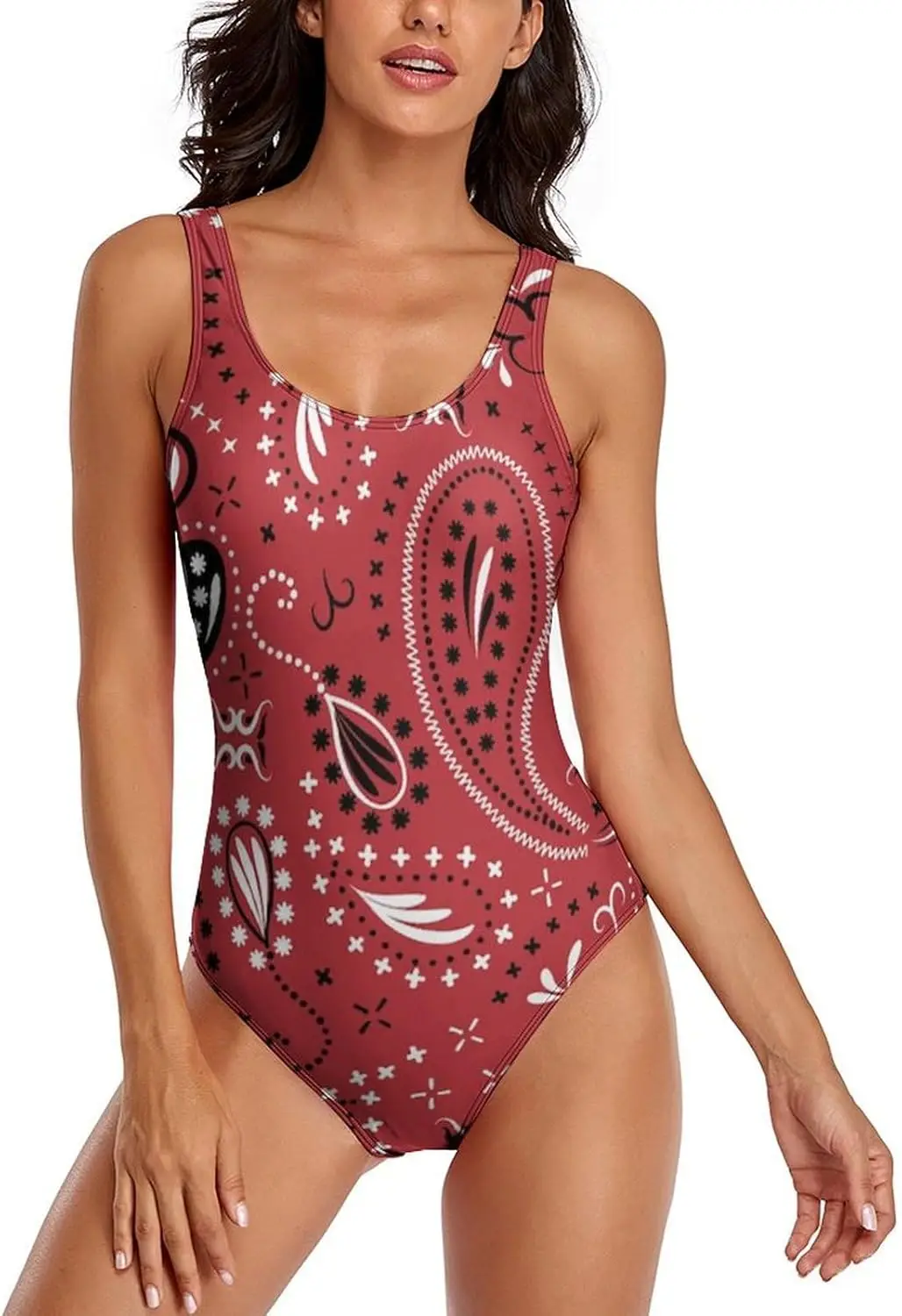 ملابس سباحة نسائية من قطعة واحدة من Luxy Trio باللونين الأحمر والأسود بيزلي، ملابس سباحة للتدريب الرياضي