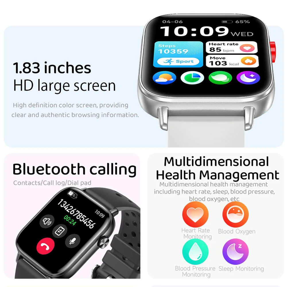 2025 New 1.83 inch Fashion Women Smart Watch Heart Rate Health Monitoring Sports Bracelet BT Calling Smartwatch Woman Men+Box