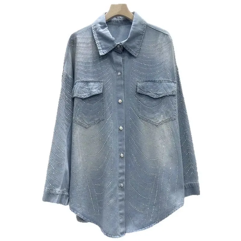 

Fashion Washed Diamond Denim Shirt Jacket Women Spring Autumn Vintage Lapel Cowboy Outerwear Casual Long Sleeve Jeans Coat W861
