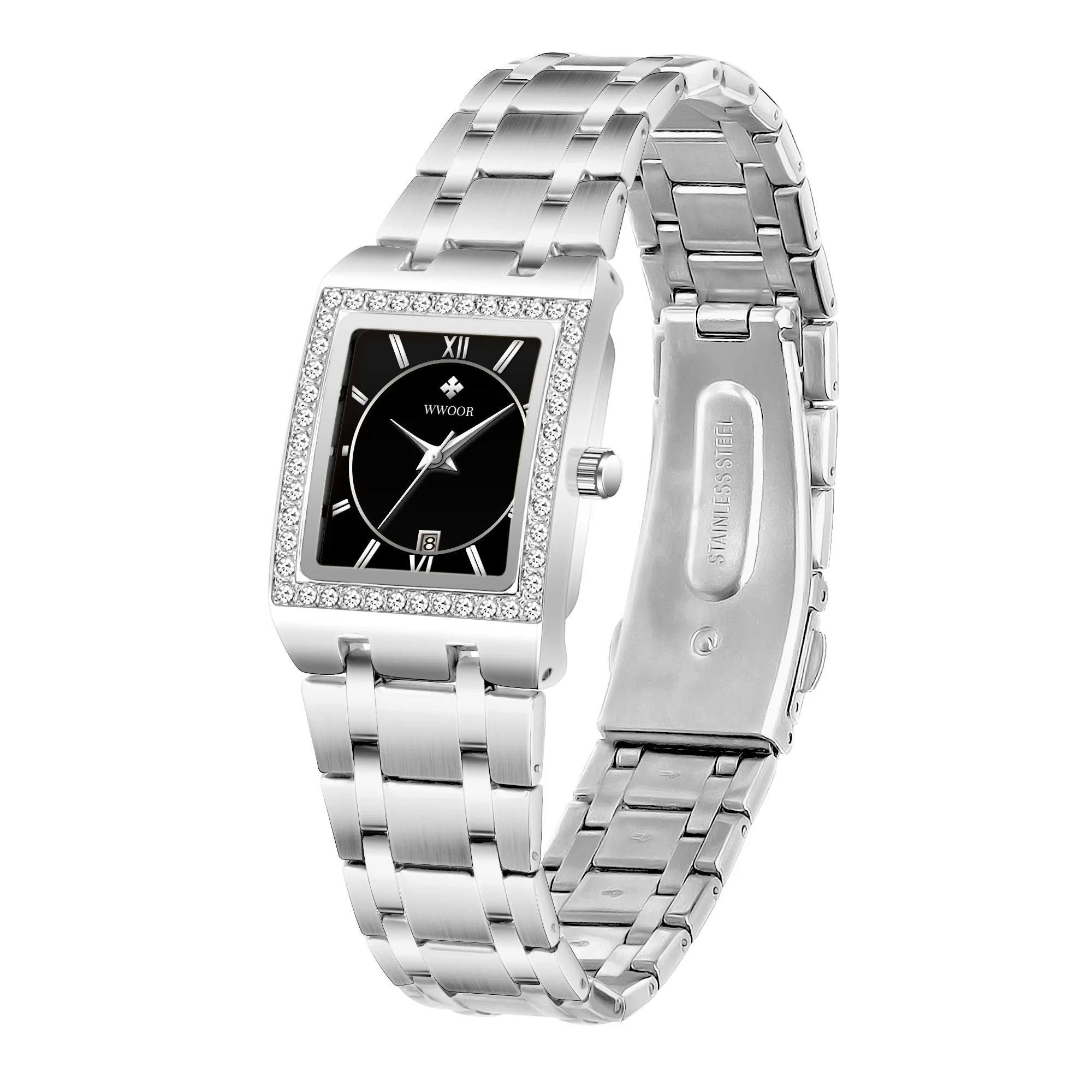 Fashion Women Watch WWOOR Ladies Quartz Square Diamond Bracelet Wrist Watch Waterproof Stainless Steel Calendar Relogio Feminino