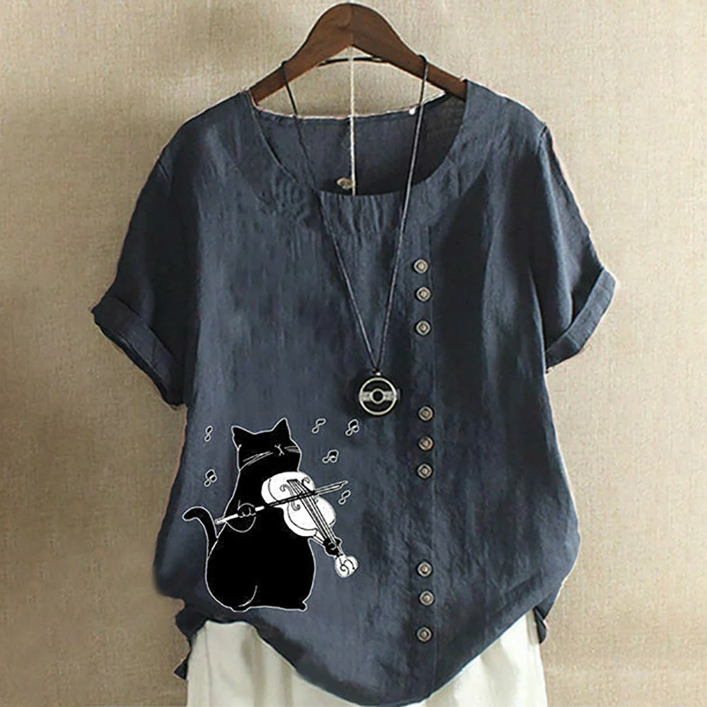 

Summer Women's Cotton Linen Short Sleeve Shirt Vintage Cartoon Cat Print Loose Casual Blouse Short Top For Ladies S-3XL