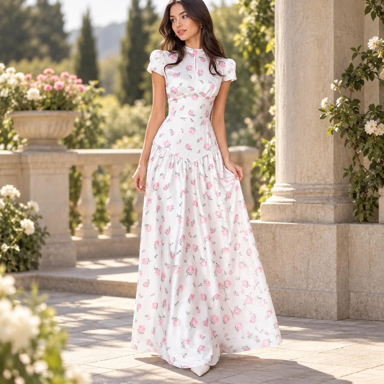 Printed Pullover Dress Slim Fit Elegant and Refined with Commuter Style Round Neck Maxi Length Regular Sleeve Women Summer Dress
