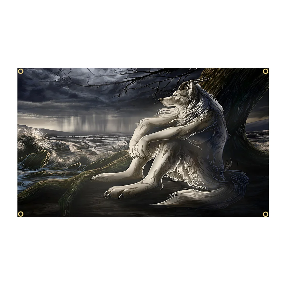90X150CM Emo White Wolf Sitting Werewolf Magical Animals Wolves Flag Tapestry Wall Hanging Bed Room Bar Aesthetic Room Decor