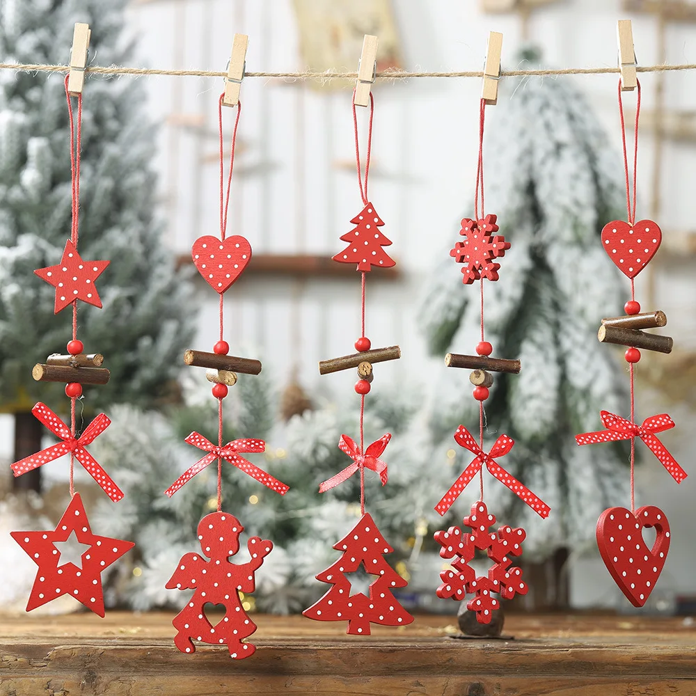 

Red Christmas Snowflakes Star Wooden Hanging Pendants New Year Ornament Christmas Decorations For Home Navidad Party Kids Gifts