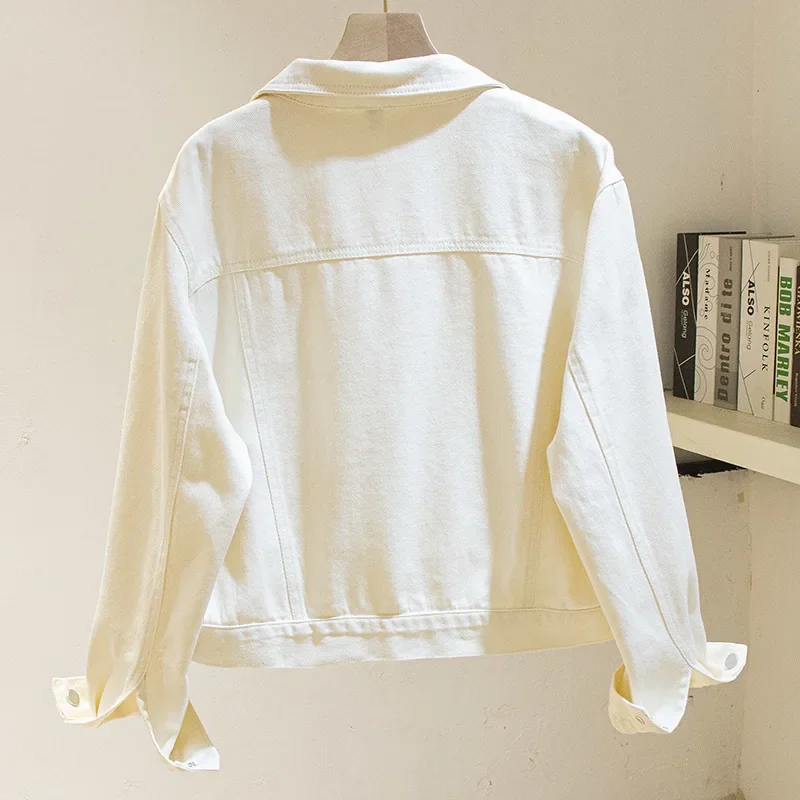 Koreaanse Mode Beige Denim Jas Vrouwen Slanke Korte Cowboy Bovenkleding Herfst Grote Zak Casual Jeans Jas Vrouwelijke