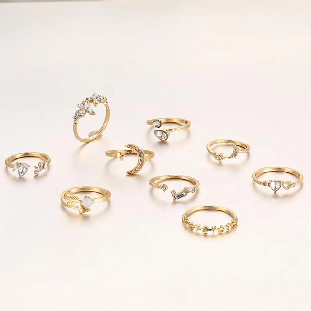 Hand Decoration Rings 9 Pcs Adjustable Lady Ring Set Rhinestone Star Moon Butterfly Heart Stackable Finger Jewelry Diverse Shape