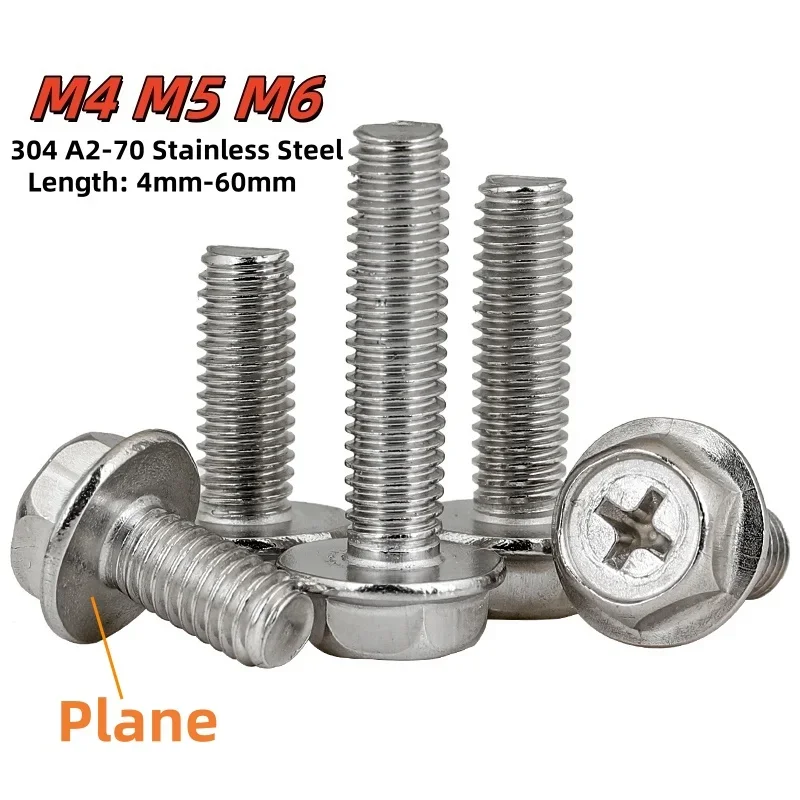 M4 M5 M6 Phillips Flange Bolts 304 A2-70 Stainless Steel Hex Head Phillips Screws 20/50/100Pcs Flange Screws L=6mm-40mm