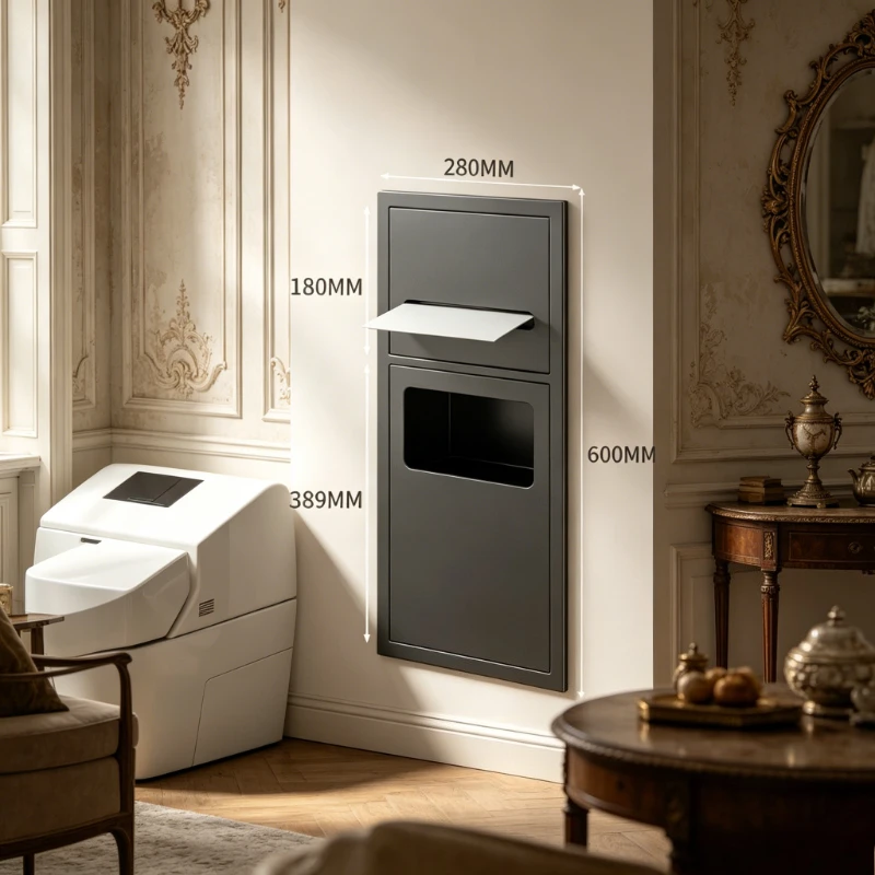 Embedded Stainless Toilet Niche Cabinet, Trash Bin Storage with Door, Brush Holder Wall Shelf,Large Capacity Removable Organizer