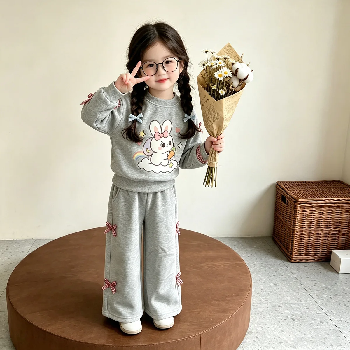 Mädchen Cartoon-Häschen-Sweatshirt & Weitbein-Hosen-Set – 2-teiliges Outfit im koreanischen Stil für ältere Kinder, Frühling Herbst Casual – Detail 3