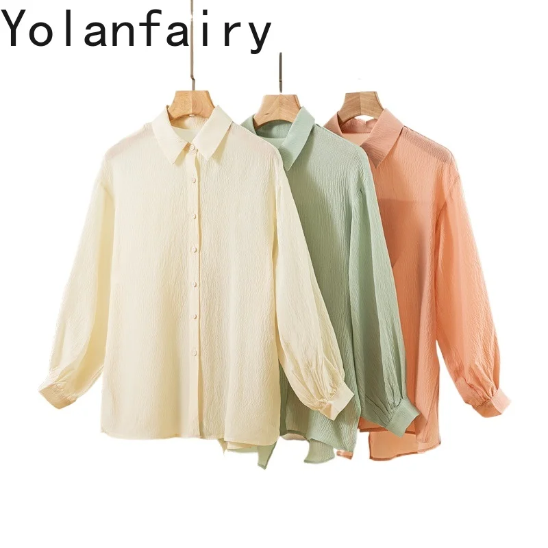 

YOLANFAIRY 100% Mulberry Silk Women Shirts 2025 Bubble Crepe Long Sleeve Tops Unique French Shirts Dames Sun-protective Clothing