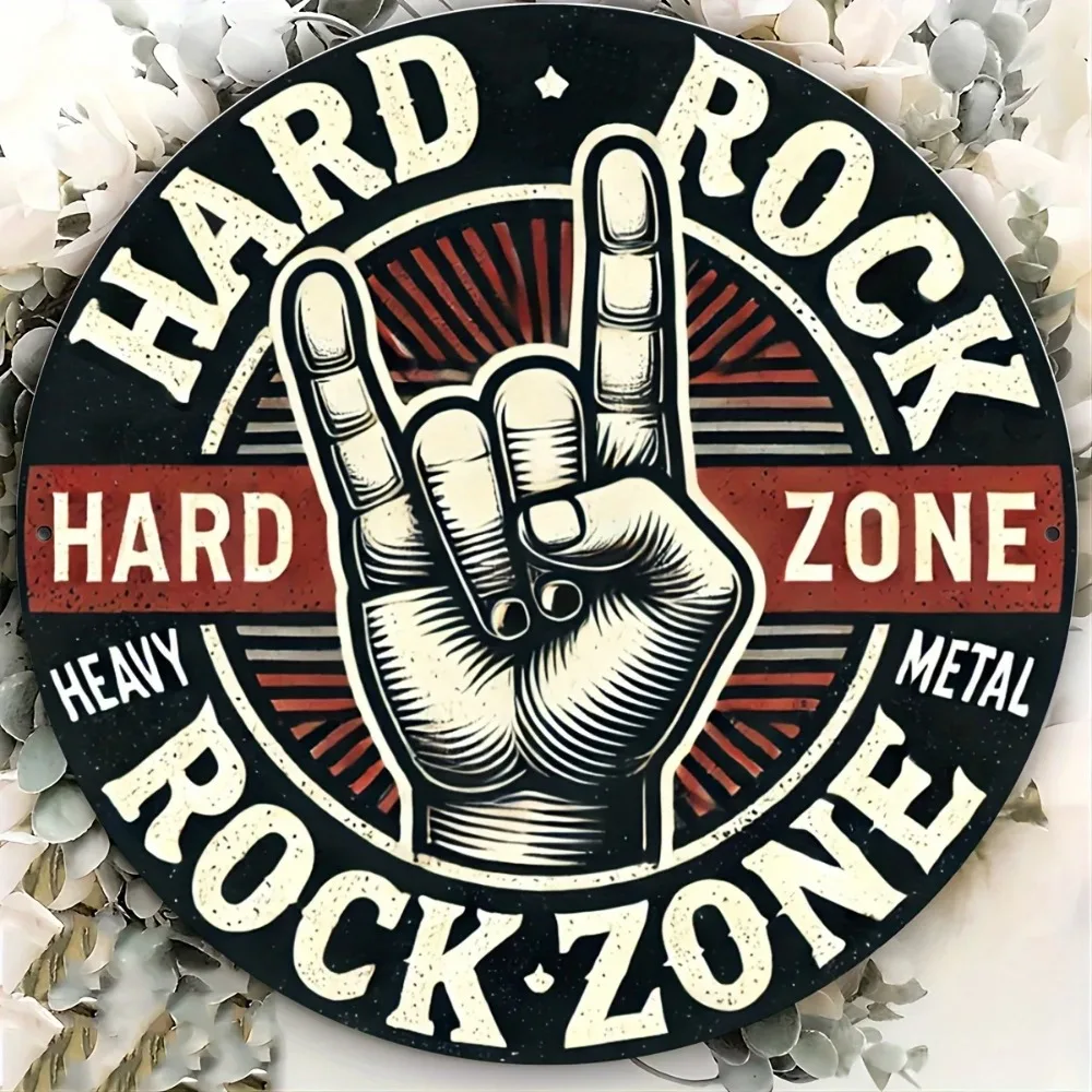 Vintage Rock Hand Gesture Aluminum Sign Metal Plaque Round Wall Decor Bar Poster 8 Inch Easy Hang