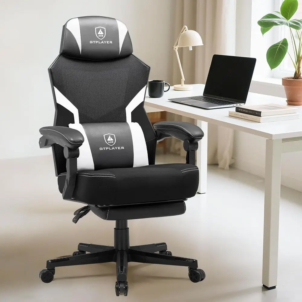 Gaming Chair with Mesh Back, Ergonomic Office Chair with Footrest, 90-135° Reclining Game Chairs for Home Office, Big and Tall C
