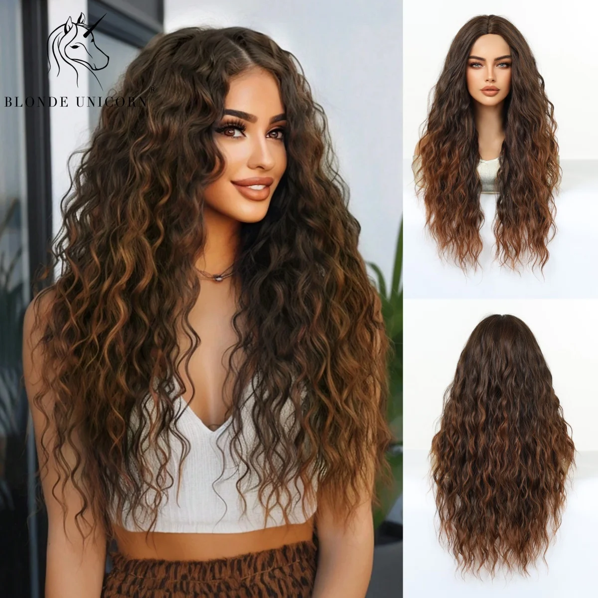 Blonde Unicorn Brown Ombre Curly Synthetic Wig for Women Middle Part Long Voluminous Heat Resistant Hair for Daily Party Cosplay