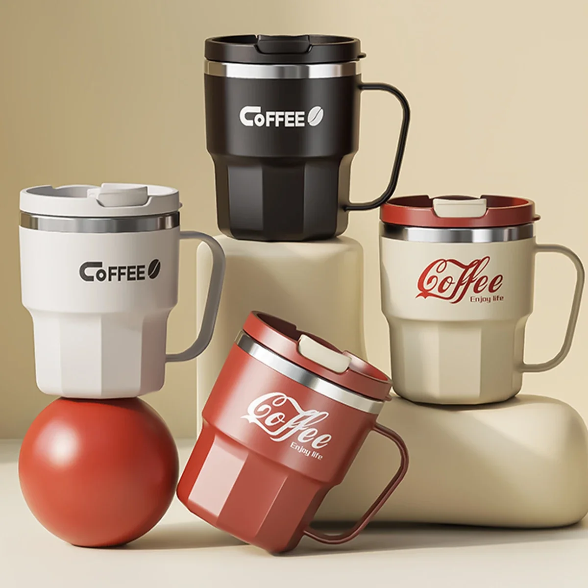 

400ML 304 Stainless Steel Coffee Cup,Double Wall Insulated Water Mug with Lid&Handle,Reusable Drinkware for Office Home Travel