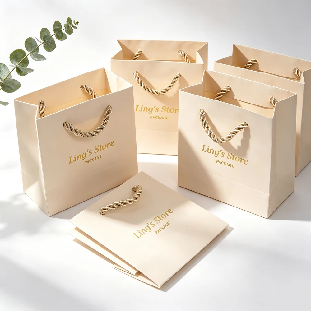 

20/50/100Pcs Personalized Logo Beige Jewelry Paper Handle Bag Small Gift Packaging Pouch Wedding Rings Necklace Storage Handbags