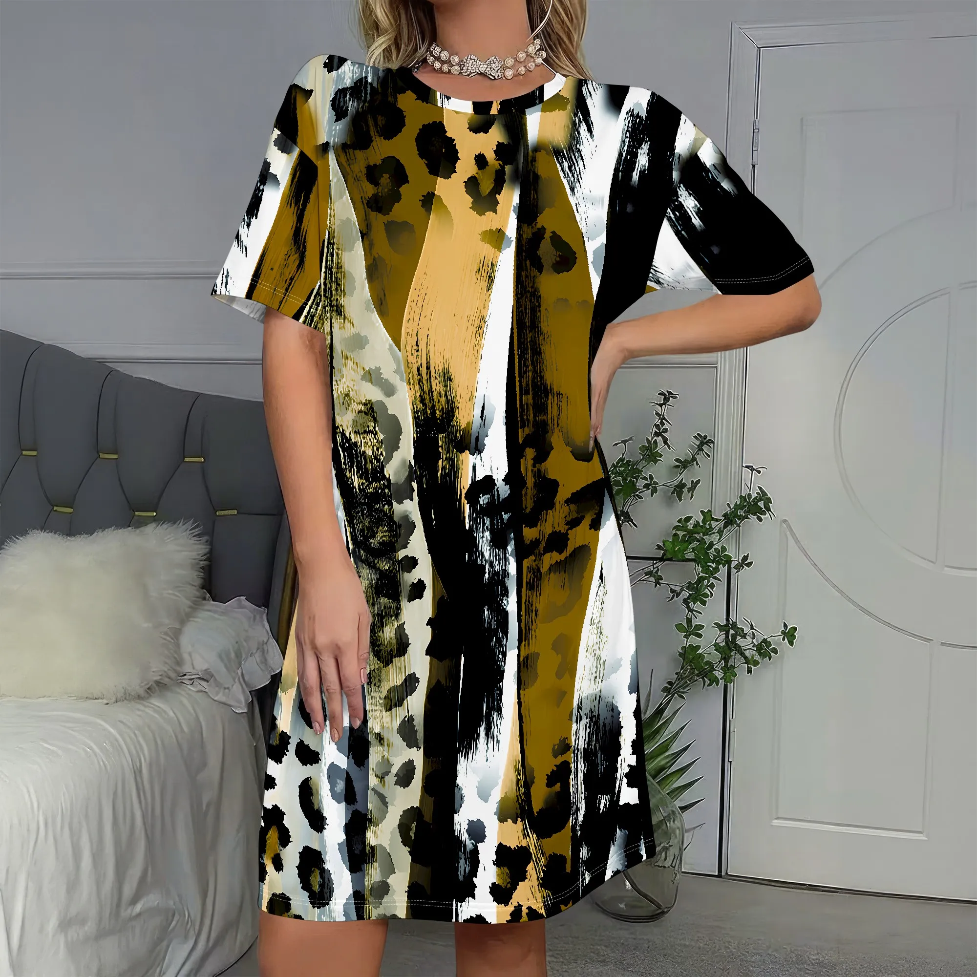 

Bold Leopard Print, Abstract Art Dress, Brushstroke Pattern, Modern Shift Style, Casual Summer Wear, Women's Fashion S-2XL