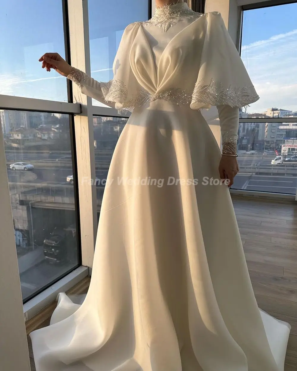 Fancy Muslim A Line Evening Dress Lace Applique High Neck Bridal Gown Floor Length Soft Satin Bridal Dresses Custom Made