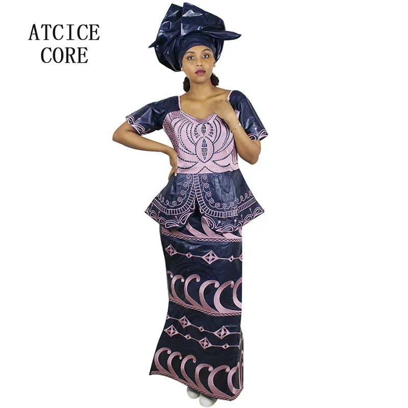 African New Design Bazin Embroidery Dresses Short Rapper With Scarf Three Pcs One Set