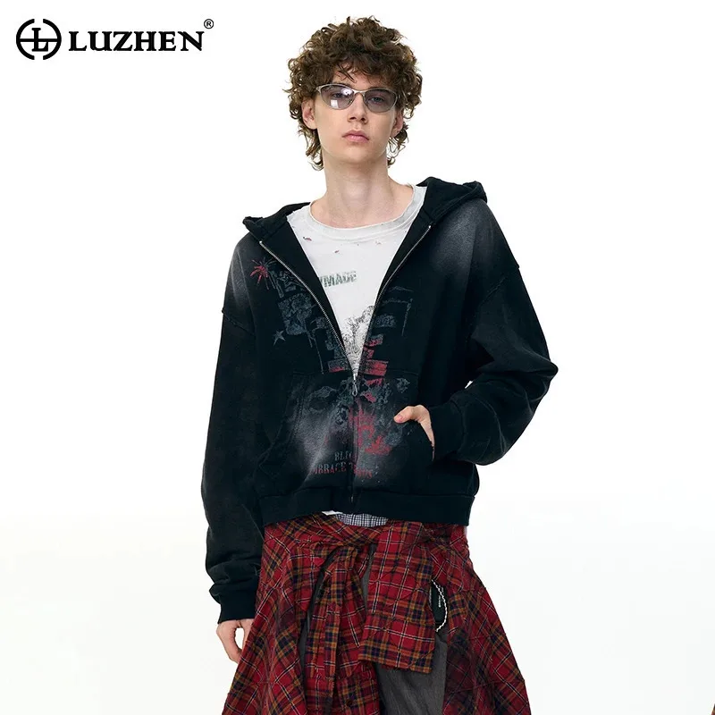 

LUZHEN 2025 г., окрашенное в галстук дизайн, винтажное пальто с капюшоном и персонализированным принтом, мужская стильная уличная нишевая мужская одежда JY5129