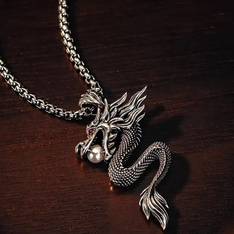 

silver 925 stereoscopic Engraved domineering dragon pendant vintage high-end trend necklace for men banquet jewelry gift