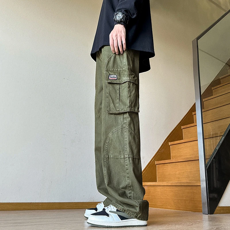 

Military een Work Pants Men's Spring Autumn Loose Wide Leg Casual Long Trousers American Retro Vibe Straight Leg Jeans