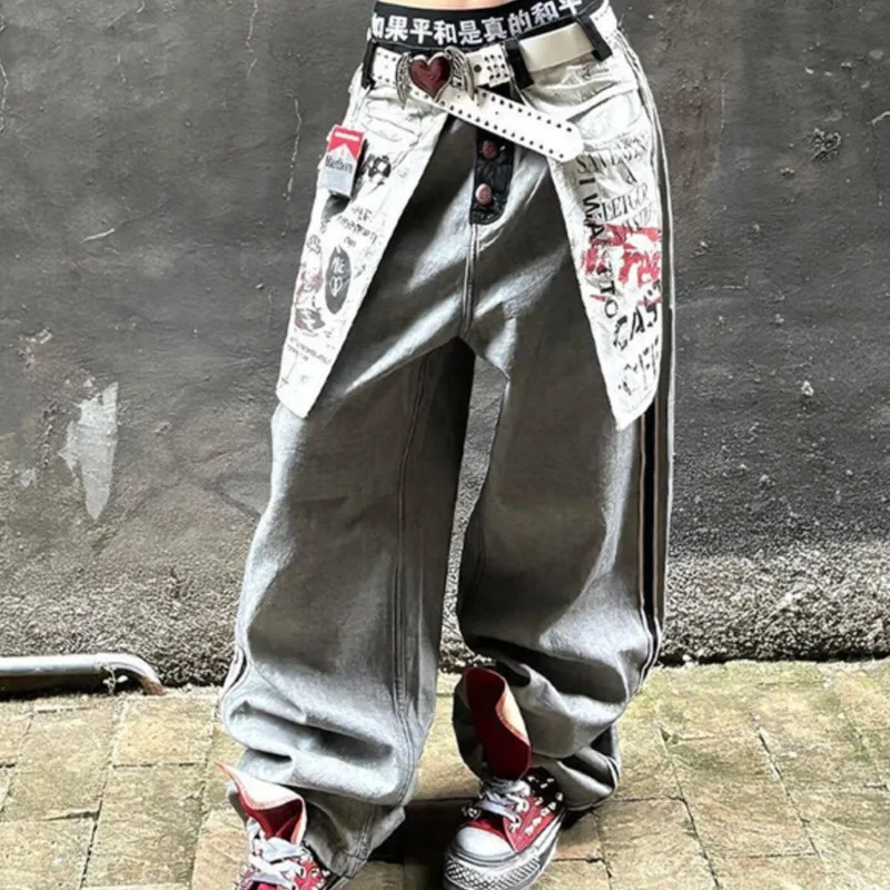 Oversize Jeans Women Reverse Denim Pants Gray Gothic Harajuku Style Baggy Trousers Y2K Streetwear Fashion