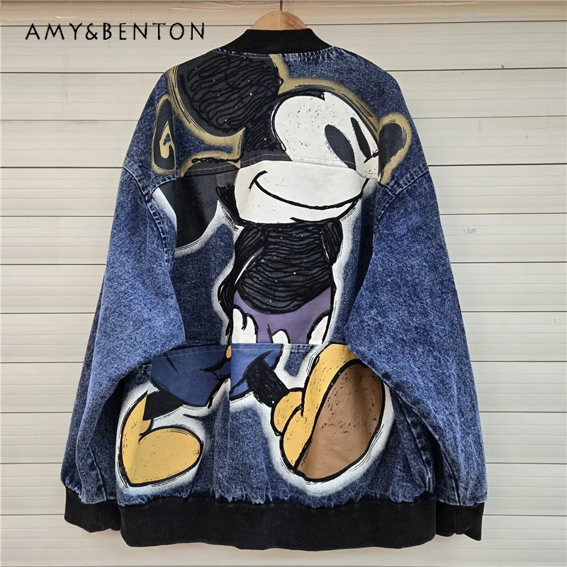 

Fashion Brand Heavy Craft Cartoon Print Design Baseball Jacket Loose Fit Average Size Coat Women's Autumn Winter New Denim Coats