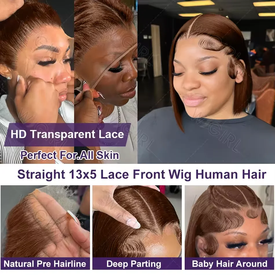 4 #   초콜릿 브라운 스트레이트 숏 밥 가발 브라질 레미 헤어 인모 허니 브라운 13x4 투명 레이스 프론트 인모 가발