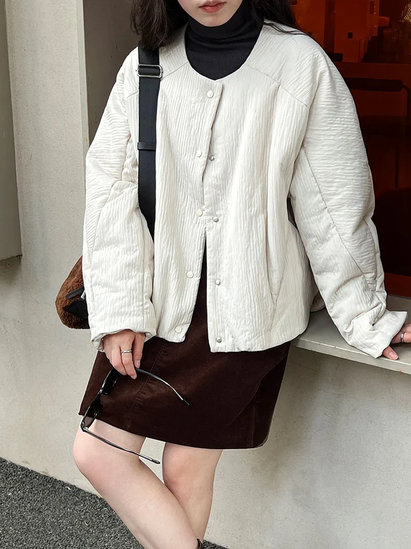 2025년 신상 한국 스타일 심플하고 루즈한 캐주얼 라운드넥 숏 코튼 재킷 여성용 겨울 상의 코튼 코트 재킷
