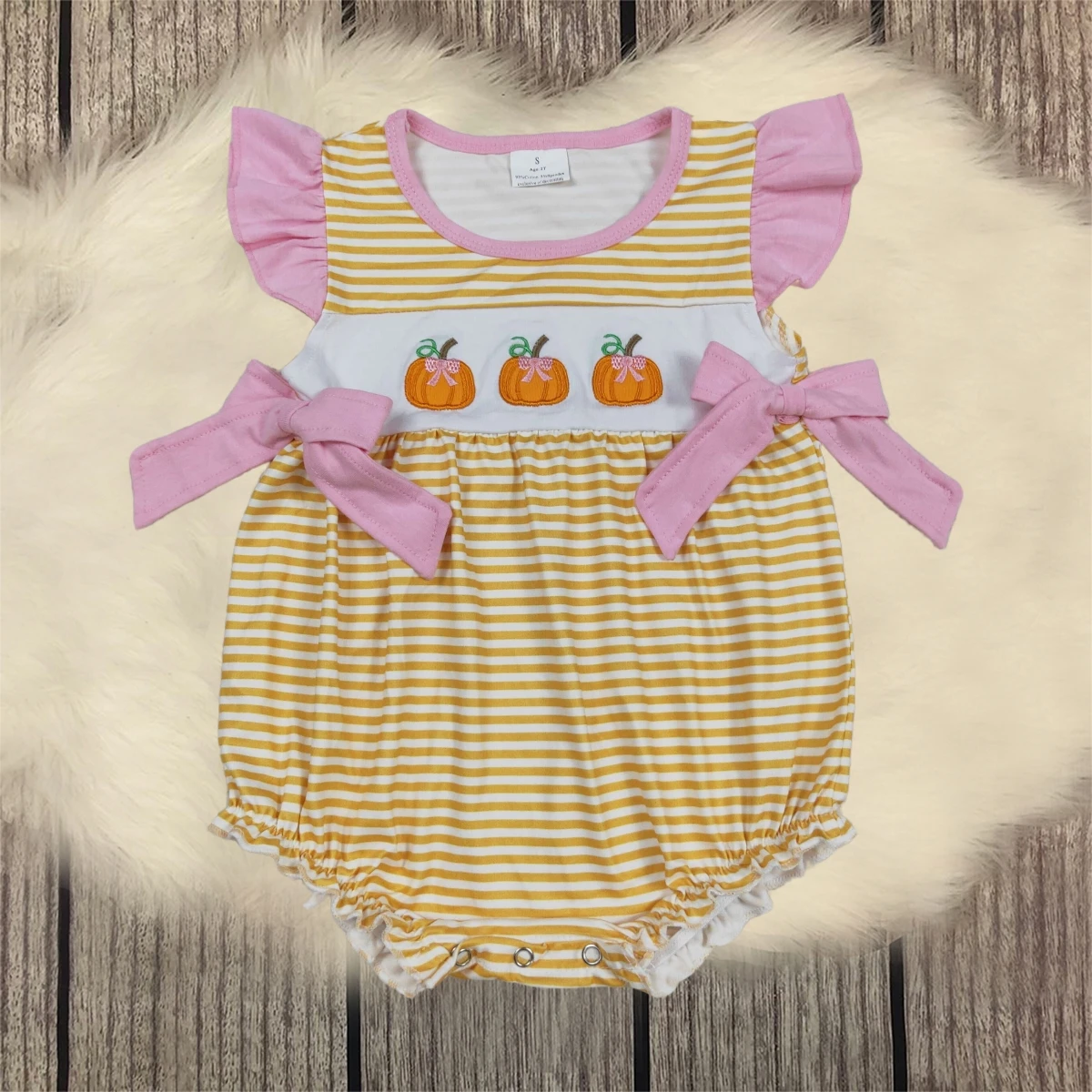 

Baby Girl Toddler Thanksgiving Children Embroidery Pumpkins Bows Romper Kids Newborn Coverall Stripes Bubble Bodysuit Wholesale