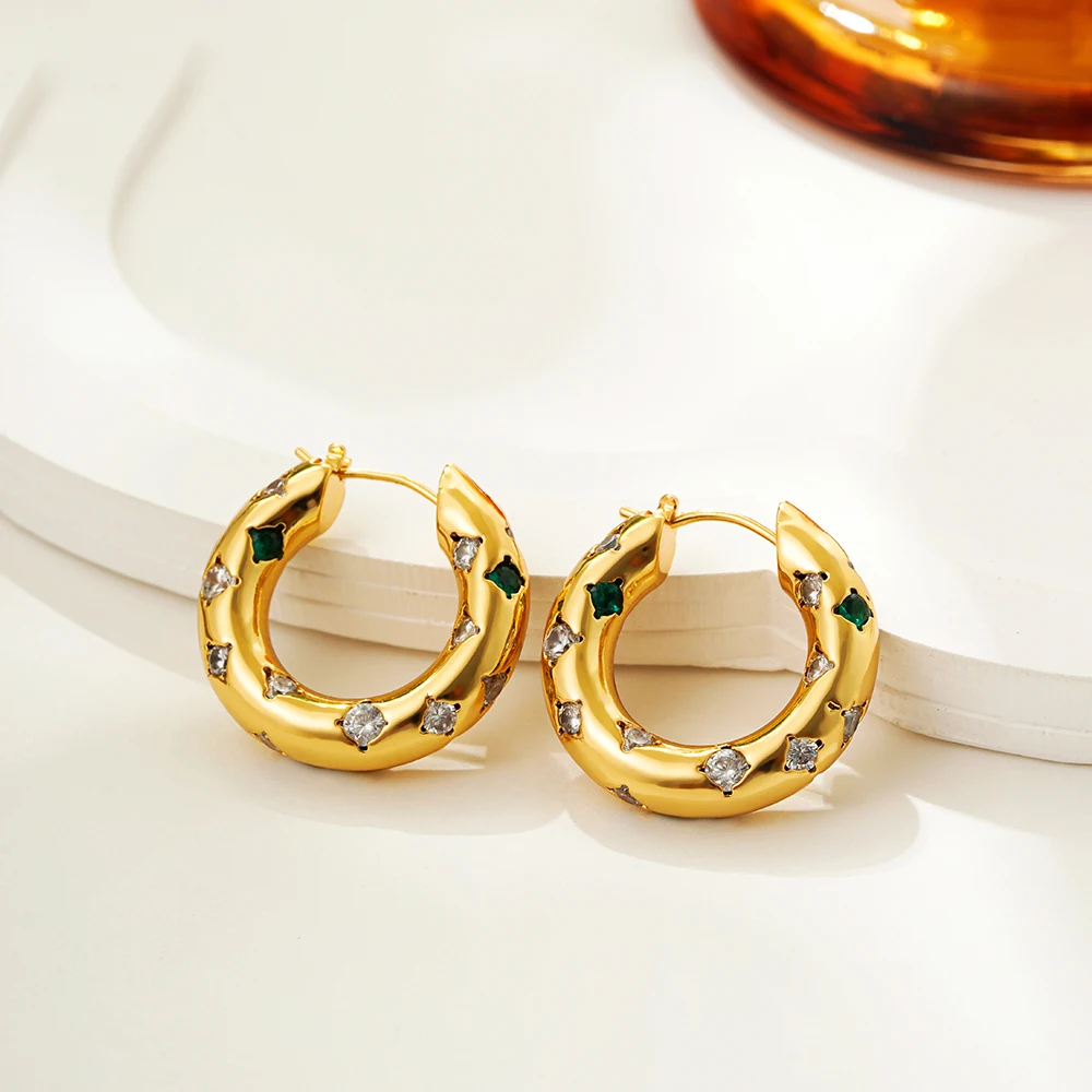 Exquisite Stainless Steel Crystal Zircon Gold Color Ear Buckle Hoop Earrings for Women Thick Round Circle Huggie Earring Jewelry