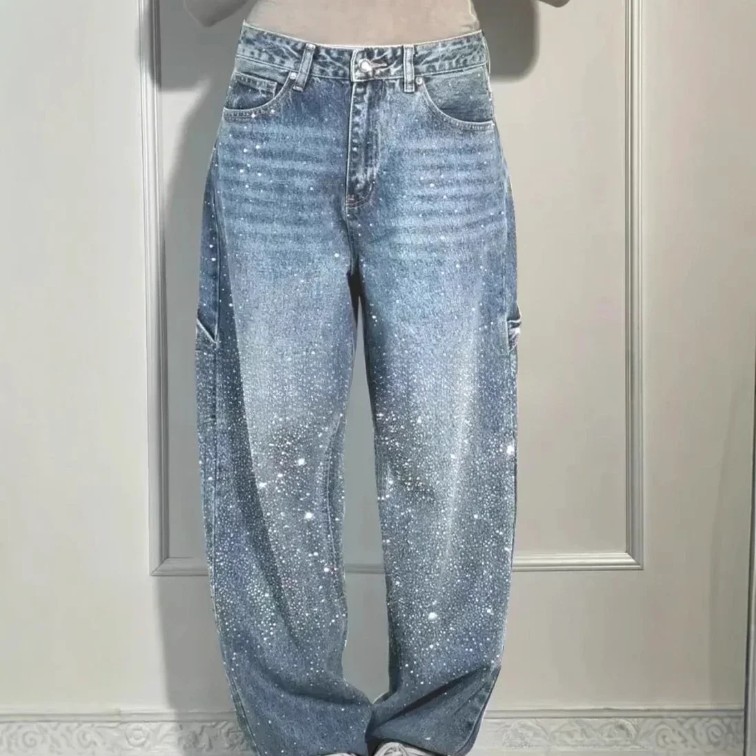 

Jeans Straight Pants Women Diamonds Denims High Waist Washed Pockets Female Vintage Ankle Length Trousers Streetwear 2026