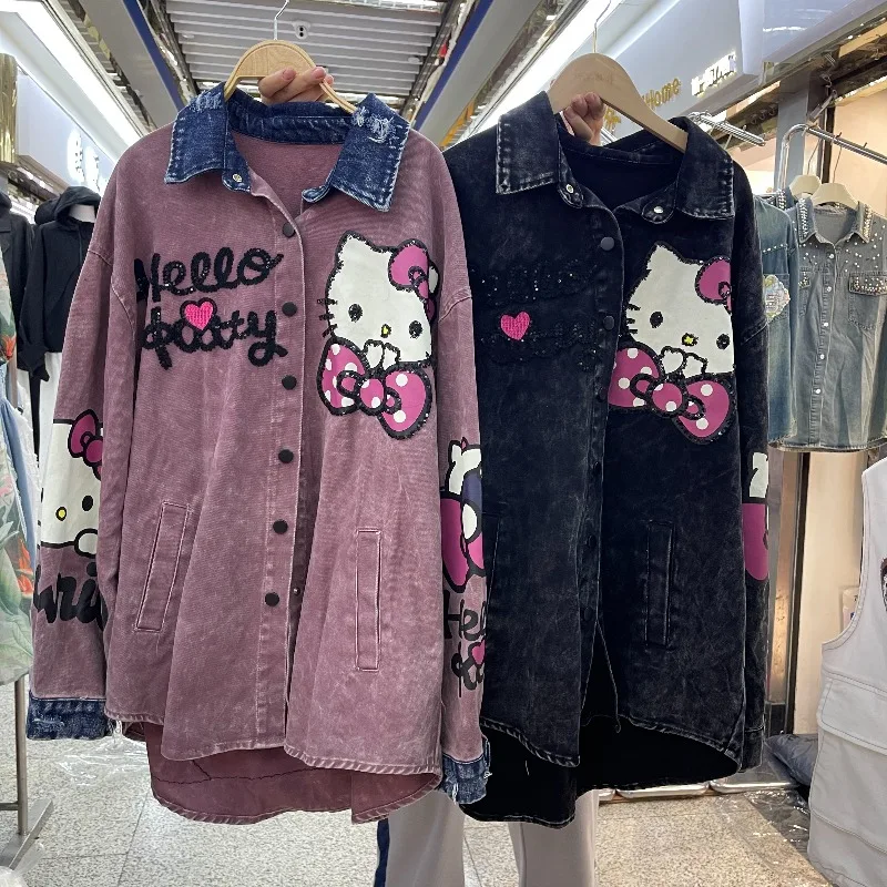 2025 Autumn New Loose Mid-Length Striped Cotton Top Cartoon Long Sleeves Single-breasted Shirt Ladies Y2k Kawaii Clothes Coat