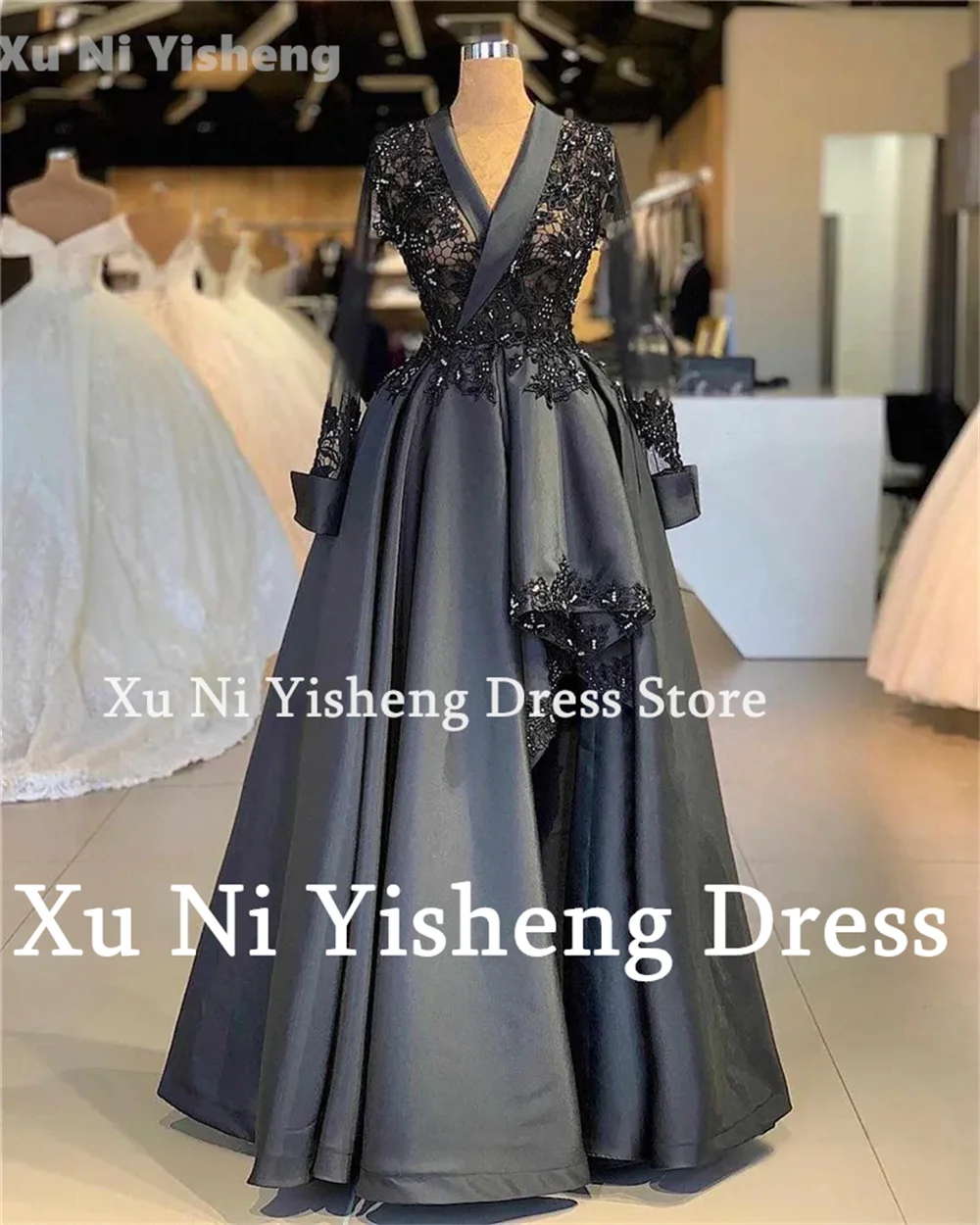 Xu Ni Yisheng-Robe de Soirée Noire Personnalisée, Col en V, Manches sulf, Ligne A, Dentelle, Appliques, Longueur au Sol, Patients