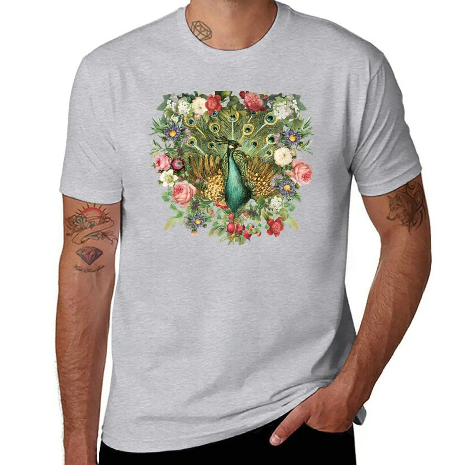 New Ornate Indian Peacock And Beautiful Decorative Cascading Flowers T-Shirt black t shirt mens plain t shirts