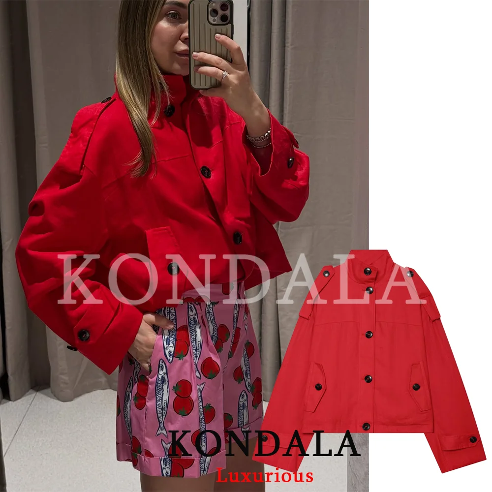 KONDALA Vintage Chic Rote Damenjacke mit Stehkragen, einreihig, langärmlig, gerade geschnitten, modische Freizeitoberbekleidung 2026