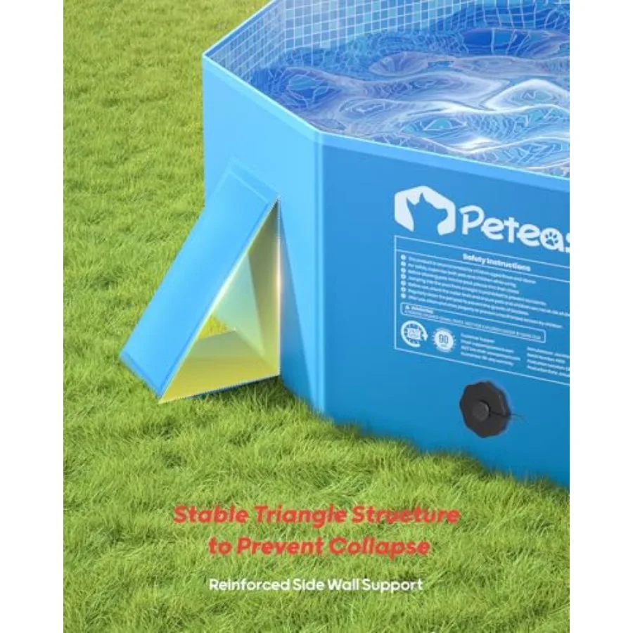 Foldable Dog Kiddie Pool for Outdoor Use Hard Plastic Shell Blue Stable Side Support Portable Collapsible Design 71 in