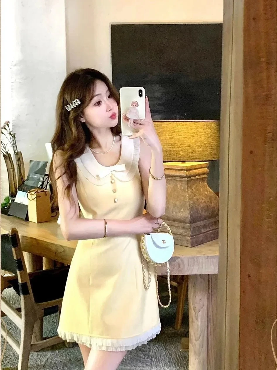 Fragrant Wind Doll Collar Women\'s Summer High Waist Yellow Dress