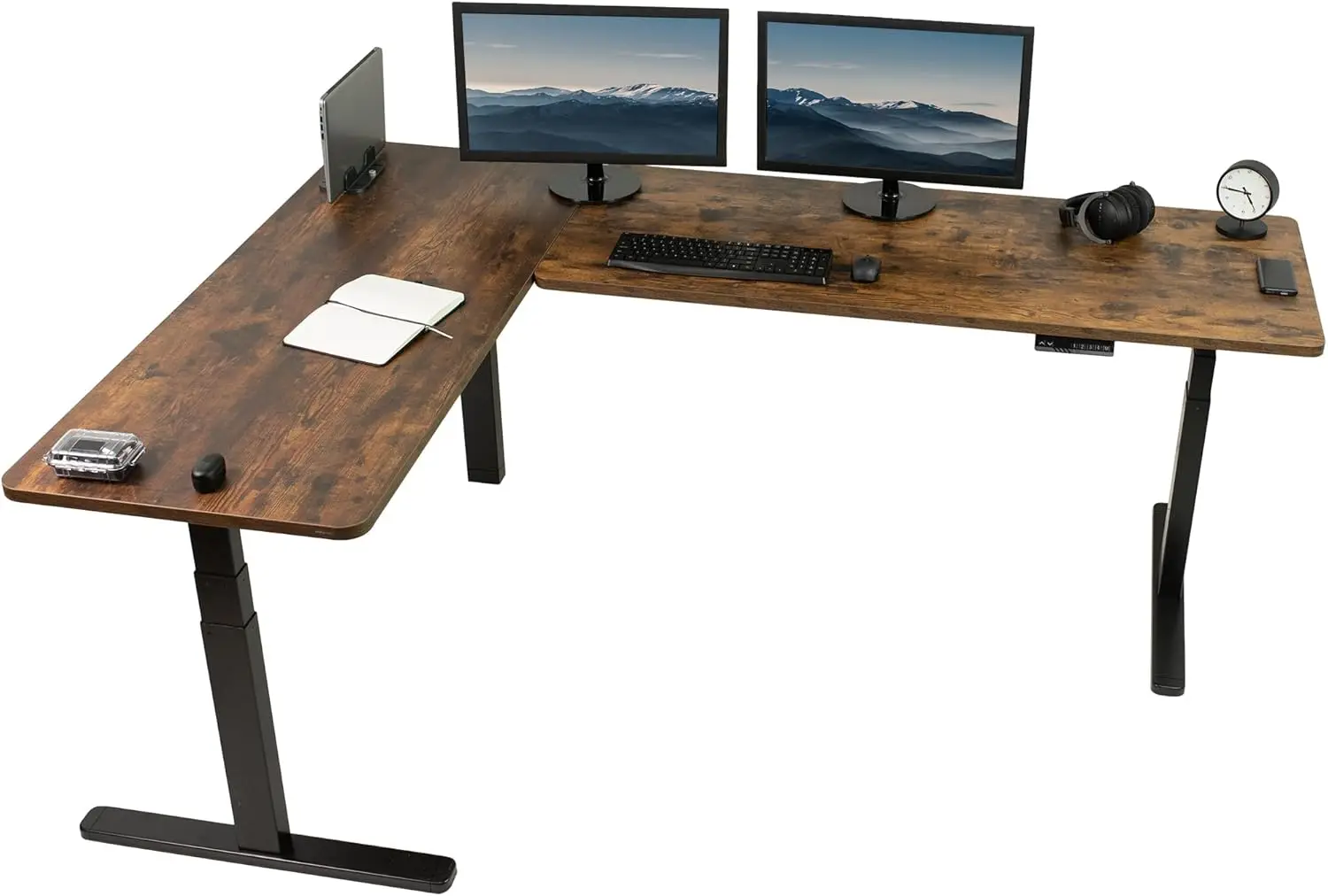 

Electric Height Adjustable 83 x 60 inch Corner Stand Up Desk 2 Dark Walnut Solid Table Tops Black Frame Memory Controller