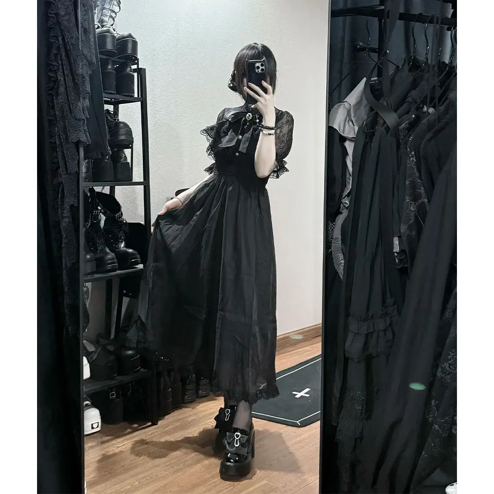 ゴシックヴィンテージY2K和風ワンピース レディース服 蝶ネクタイ レース ロリータファッション ショート丈パーティードレス スリム エレガント ミディ丈ワンピース 新作