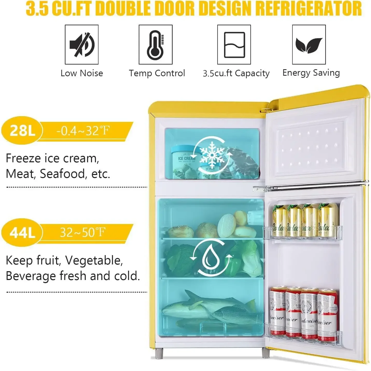 Compact Refrigerator, 3.5 Cu.Ft Retro Mini Fridge with Freezer, Dual Door Small Refrigerator with 7 TEMP Modes, LED Lights